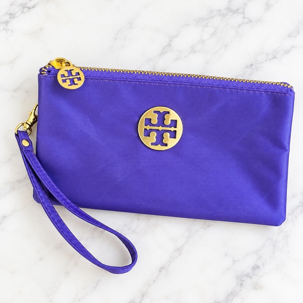 Tory Burch Purple Nylon Wristlet Pouch Gold Logo Travel Wallet Clutch Bag